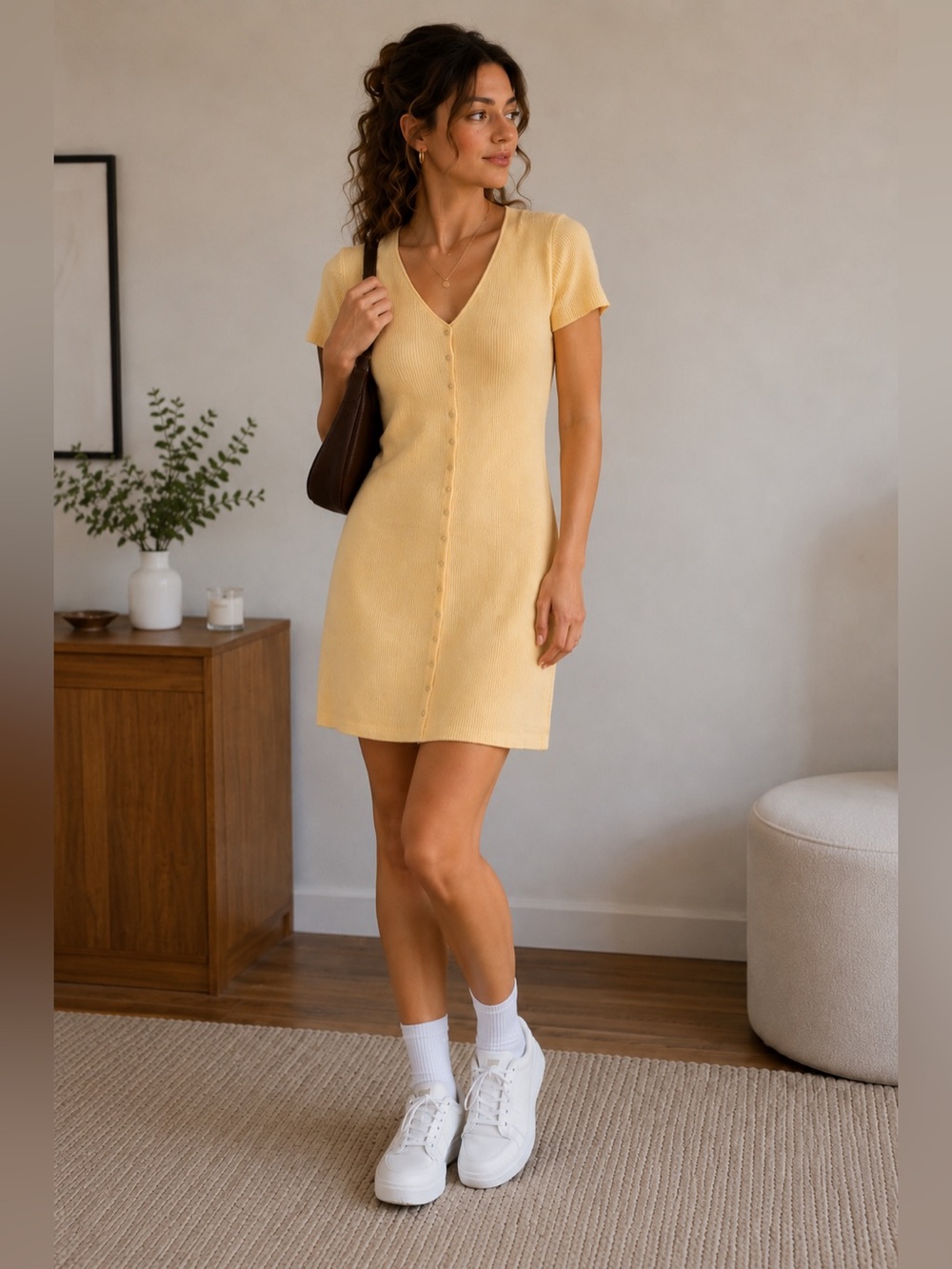 Y2K Pastel Yellow Dress - Summer Spring Mini - Ribbed Button Front - Large - Picture 1 of 3
